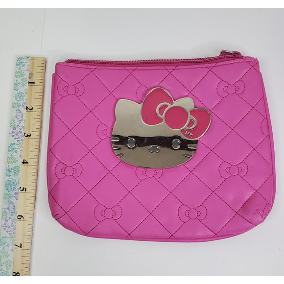Sanrio Hello Kitty PINK Cosmetic Metal emble Pouch Bag Purse zip Closure Clutch - Picture 6 of 14